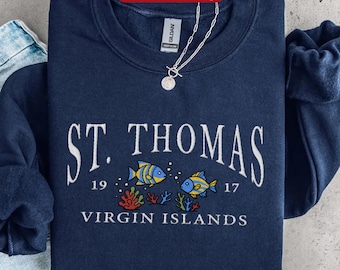 Broderad tröja från St. Thomas, rundhalsad tröja med broderi från Jungfruöarna, semestertröja från St. Thomas, resesouvenir med karibisk present