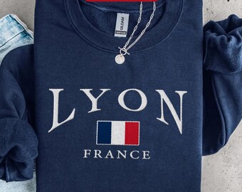 Lyon broderad tröja, rundhalsad tröja med broderi från Frankrikes flagga, Lyon semestertröja, fransk resepresent och souvenir