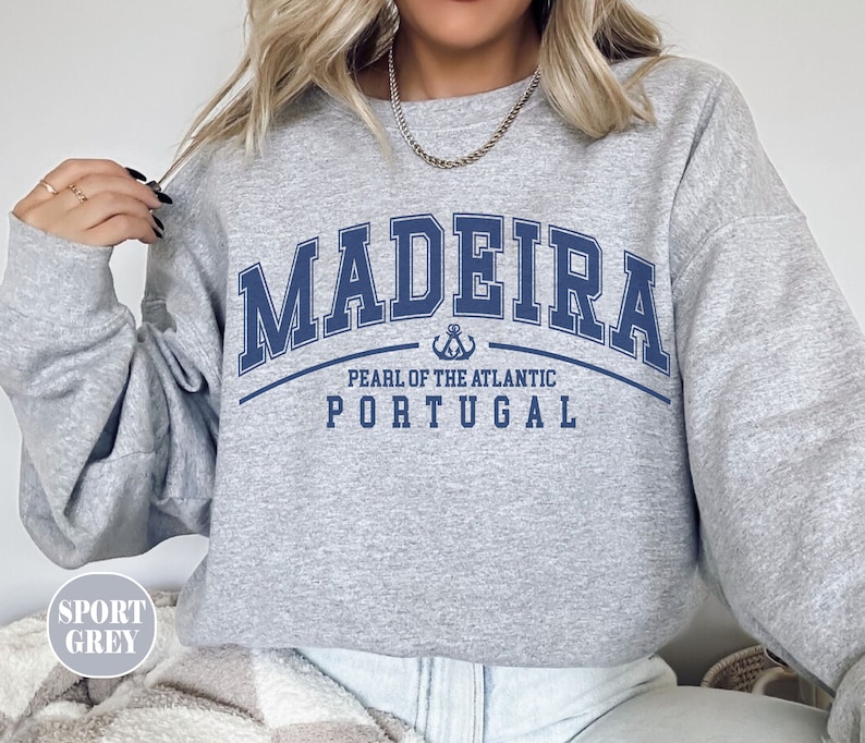 Madeira-tröja, Madeira-tröja med rund hals, Vintage-portugisiska kläder för kvinnor, portugisisk ö-tröja i överdimensionerad storlek, souvenirpresent, Funchal Sport Grey