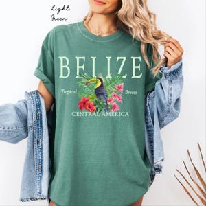Pode incluir: Uma t-shirt verde-clara com uma estampa gráfica de um tucano rodeado por folhas tropicais e flores cor-de-rosa e vermelhas. O texto BELIZE, Tropical Breeze e CENTRAL AMERICA está escrito em letras claras na zona do peito.
