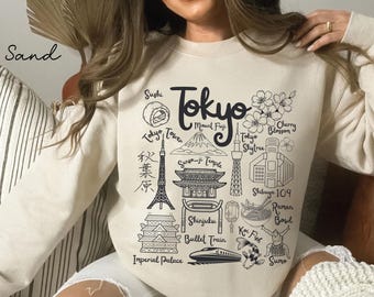 Tokyo Sweatshirt, Tokyo Landmarks Unisex Crewneck Pullover, Japan Travel Gift Souvenir Japanese Sweater Hoodie