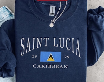 Saint Lucia broderad tröja, karibisk broderad rundhalsad tröja, Saint Lucias flagga semestertröja, karibisk resepresent souvenir