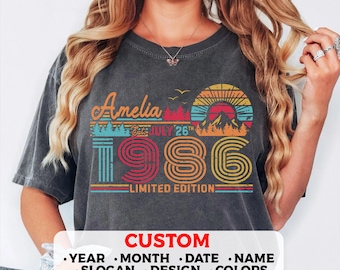 40th Birthday Retro Custom T-Shirt Comfort colors ,1986 Birthday Personalized Unisex crewneck Sweatshirt, hoodie, Forties Bday mug present