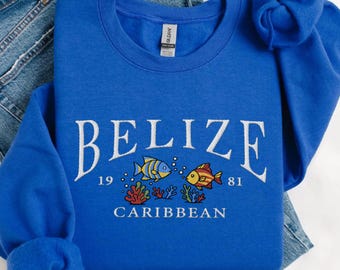 Belize broderad tröja, karibisk broderad rundhalsad tröja, Belize semestertröja, belizeansk resepresent souvenir