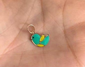 14k yellow gold enamel bird pendant / charm