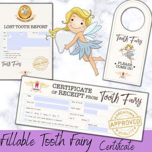 Recibo de fada do dente editável, certificado para impressão, gráfico de registro de dente, visita oficial, relatório de primeiro dente perdido, menino