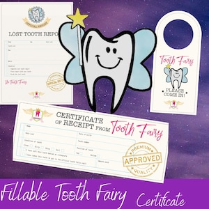Tooth Fairy Receipt Editable, Printable Certificate Tooth Record Chart Visite officielle First Tooth Lost Tooth Report unisexe