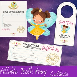 Tooth Fairy Receipt Editable, Printable Certificate Tooth Record Chart Official Visit First Tooth Lost Tooth Report GIRL