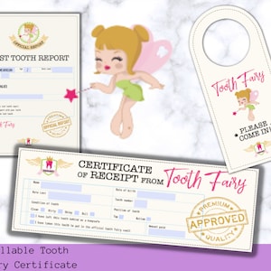 Tooth Fairy Receipt Editable, Printable Certificate Tooth Record Chart Visite officielle First Tooth Lost Tooth Report GIRL