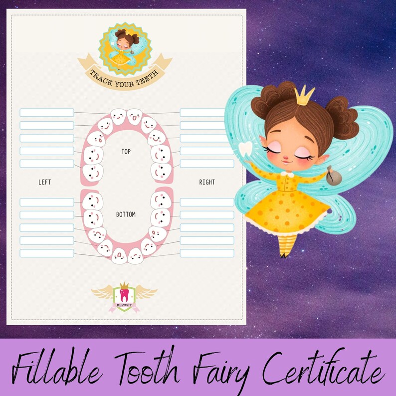 Tooth Fairy Receipt Editable, Printable Certificate Tooth Record Chart