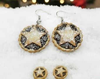 MINCE PIE SET | Christmas Mince Pies Stud & Dangle Earrings  | Handmade with Polymer Clay | Stocking Filler, Festive, Gift, Icing Dusting