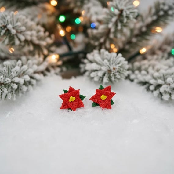 POINSETTIA CHRISTMAS EARRINGS | Stud Flower Earrings | Handmade with Polymer Clay | Stocking Filler, Winter, Festive, Gift, Present, Cracker