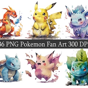 Bundle de cliparts aquarelle Pokemon Fan Art PNG, pokemon sublimé, monstres de poche, autocollants, png imprimable