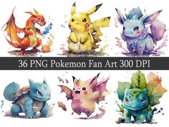 Watercolor Pokemon Fan Art Clipart Bundle, PNG Stickers (Digital Download)