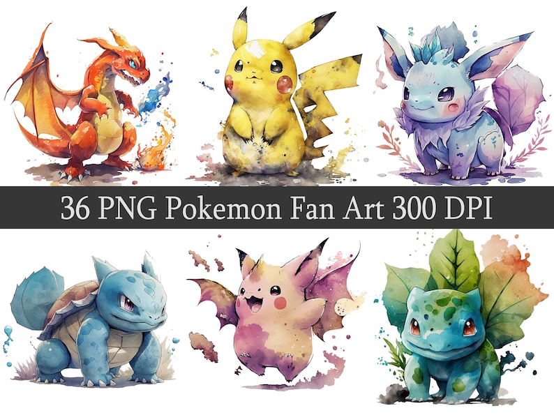 Pu&ograve; includere: Illustrazioni ad acquerello di vari personaggi Pok&eacute;mon, tra cui Charmander, Pikachu, Bulbasaur, Squirtle e un Pikachu rosa. Le illustrazioni sono in stile cartone animato e presentano colori vivaci.