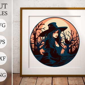 Sorcière Halloween 3D Shadow Box SVG, assistant d'halloween, fichiers en couches pour Cricut, papier cartonné SVG, DXF découpé au laser