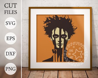 May include: A black and white digital illustration of a person with dark hair and a striped shirt. The background is a solid orange color.