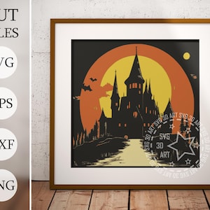 Halloween Castle Silhouette 3d Shadow Box SVG, halloween wizard, Layered Files For Cricut, Cardstock SVG, Laser cut DXF, fall shadow box