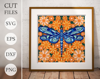 Dragonfly in Flowers 3D Shadow Box SVG: Layered Cardstock, Laser Cut (Digital Download)