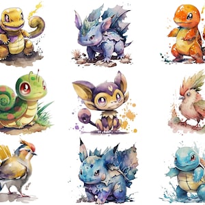 Pu&ograve; includere: Illustrazioni ad acquerello di nove diversi personaggi Pok&eacute;mon. I personaggi sono raffigurati in uno stile cartone animato e sono posizionati su uno sfondo bianco. I personaggi includono Bulbasaur, Charmander, Squirtle, Pikachu, Eevee, Vaporeon, Jolteon, Flareon e Pidgey.