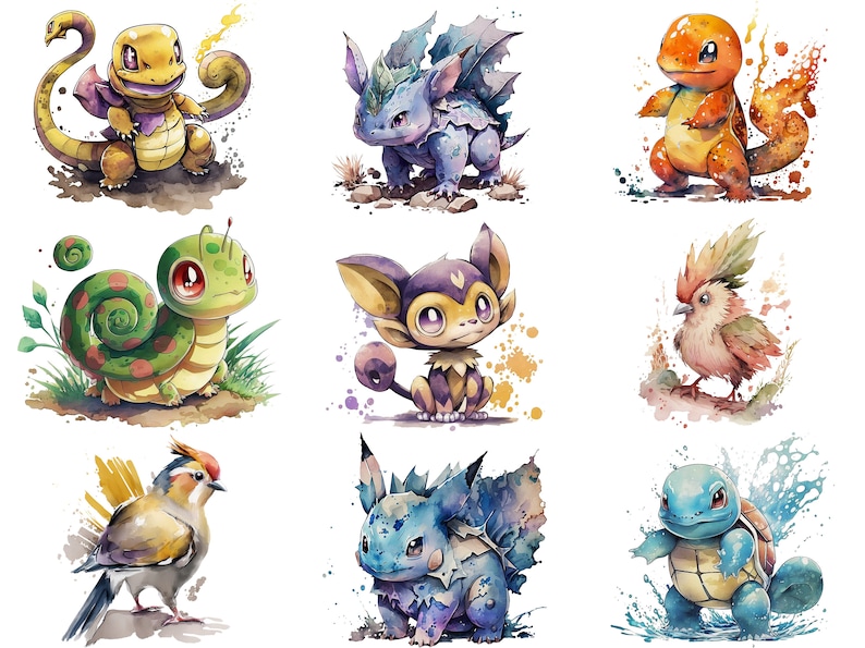 Pu&ograve; includere: Illustrazioni ad acquerello di nove diversi personaggi Pok&eacute;mon. I personaggi sono raffigurati in uno stile cartone animato e sono posizionati su uno sfondo bianco. I personaggi includono Bulbasaur, Charmander, Squirtle, Pikachu, Eevee, Vaporeon, Jolteon, Flareon e Pidgey.