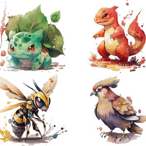 Pu&ograve; includere: Un'illustrazione digitale di quattro personaggi Pok&eacute;mon: Bulbasaur, Charmander, Beedrill e Pidgeotto. I personaggi sono disegnati in uno stile ad acquerello con schizzi di colore intorno a loro.