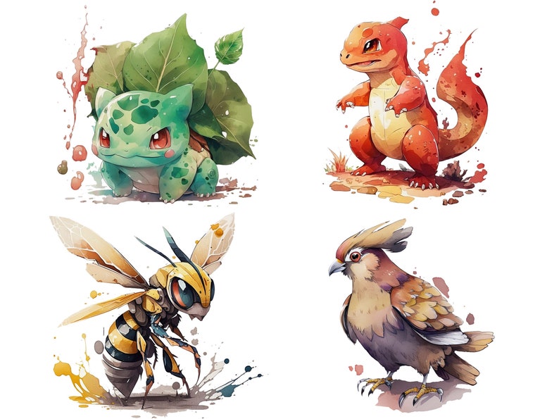 Pu&ograve; includere: Un'illustrazione digitale di quattro personaggi Pok&eacute;mon: Bulbasaur, Charmander, Beedrill e Pidgeotto. I personaggi sono disegnati in uno stile ad acquerello con schizzi di colore intorno a loro.