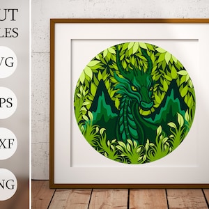 Dragon vert 3D nouvel an Shadow Box SVG, fichiers en couches pour Cricut, papier cartonné Noël SVG, découpé au laser DXF