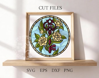 Stained Glass Camellia Key Shadow Box SVG: November Birth Flower Secret Key (Digital Download)