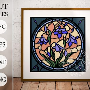 Caja de sombras 3D con flores violetas de vidrio de colores Svg, archivos de papel en capas para Cricut, cartulina con flores de mandala Svg, flores cortadas con láser