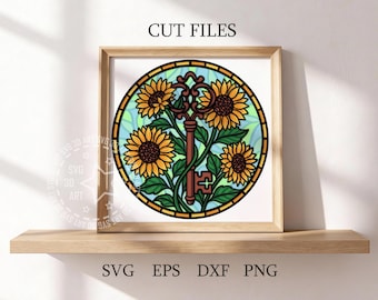 Stained Glass Sunflower Key Shadow Box SVG: July Birth Flower Secret Key (Digital Download)