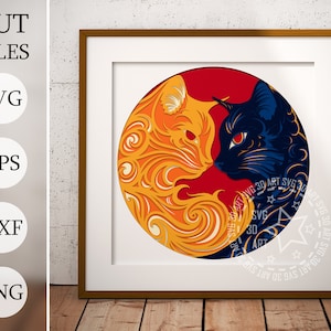 Yinyang Cats 3D Shadow Box SVG, cadeau pour animal de compagnie, projets Cricut, cadeau commémoratif pour animal de compagnie, svg laser, fichiers découpés au laser, boîte d'ombre animal