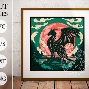 May include: A black silhouette of a dragon with wings spread wide, standing on a green island in front of a large pink and orange moon. The background is a dark green with clouds.