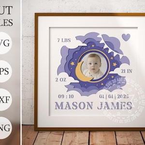 3D Baby Photo Frame Shadow Box SVG: Nursery Decor Cut Files, birth stats keepsake shadow box
