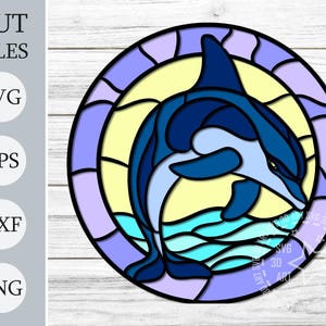 Glasdelfin 3d Shadow Box svg, geschichtete Papercraft-Dateien für Cricut, Buntglas-Cardstock-Svg, Türhänger-Svg