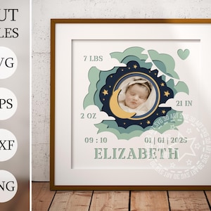 Cadre photo bébé 3D Shadow Box SVG – fichiers découpés en couches pour Cricut et laser | Décoration de chambre d'enfant personnalisée | Cadre mémoire