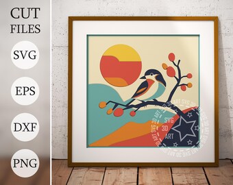 May include: A digital illustration of two birds perched on a branch with red berries. The background is a colorful abstract design with a large orange and yellow sun.