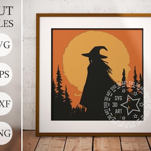 Sorcière Halloween 3D Shadow Box SVG, assistant d'halloween, fichiers en couches pour Cricut, papier cartonné SVG, DXF découpé au laser, boîte d'ombre d'automne