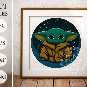 Star wars 3d Shadow Box SVG, Baby yoda gelaagde bestanden voor Cricut, dv Cardstock SVG, Mandala yoda, lasergesneden