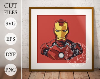 May include: A digital illustration of Iron Man's face in a red and yellow color scheme. The background is a solid red color.