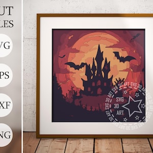 Halloween Castle Silhouette 3d Shadow Box SVG, halloween wizard, Layered Files For Cricut, Cardstock SVG, Laser cut DXF, fall shadow box