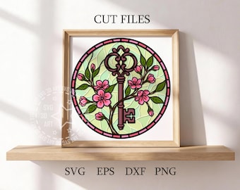 Stained Glass Cherry Blossom Key Shadow Box SVG: April Birth Flower (Digital Download)