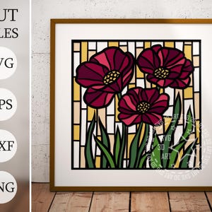 Caja de sombras 3D con flores rojas de vidrio de colores Svg, archivos de papel en capas para Cricut, cartulina con flores de mandala Svg, flores cortadas con láser