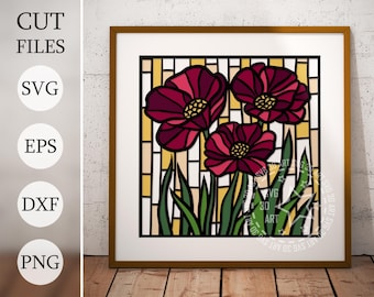 May include: A digital art print of three red poppy flowers with green leaves in a stained glass style. The flowers are arranged in a square frame with a yellow and white background.