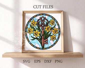 Stained Glass Daffodil Key Shadow Box SVG: March Birth Flower Secret Key (Digital Download)