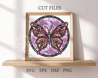 Stained Glass Butterfly & Cherry Blossom Shadow Box SVG: April Birth Flower (Digital Download)