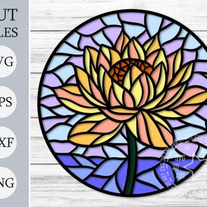 Stained Glass Water lily 3d Shadow Box Svg, Layered Papercraft Files for Cricut, Mandala Flowers Cardstock Svg, Floral Laser Cut