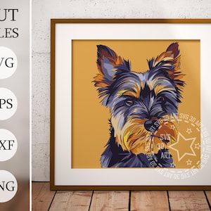 May include: A digital illustration of a Yorkshire Terrier dog with a yellow, blue, and purple color scheme. The dog is looking to the right of the image.