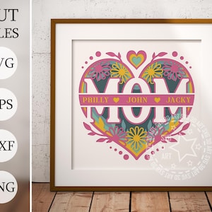 Scatola delle ombre personalizzabile per la festa della mamma in formato SVG – File di taglio a strati per Cricut e Laser / Nomi personalizzati / Modello regalo per la mamma