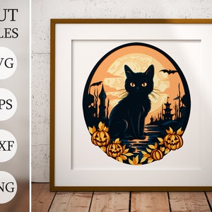 Halloween Black Cat 3d Fall Shadow Box SVG, Layered Files For Cricut, Pumpkin Cardstock SVG, Laser cut DXF